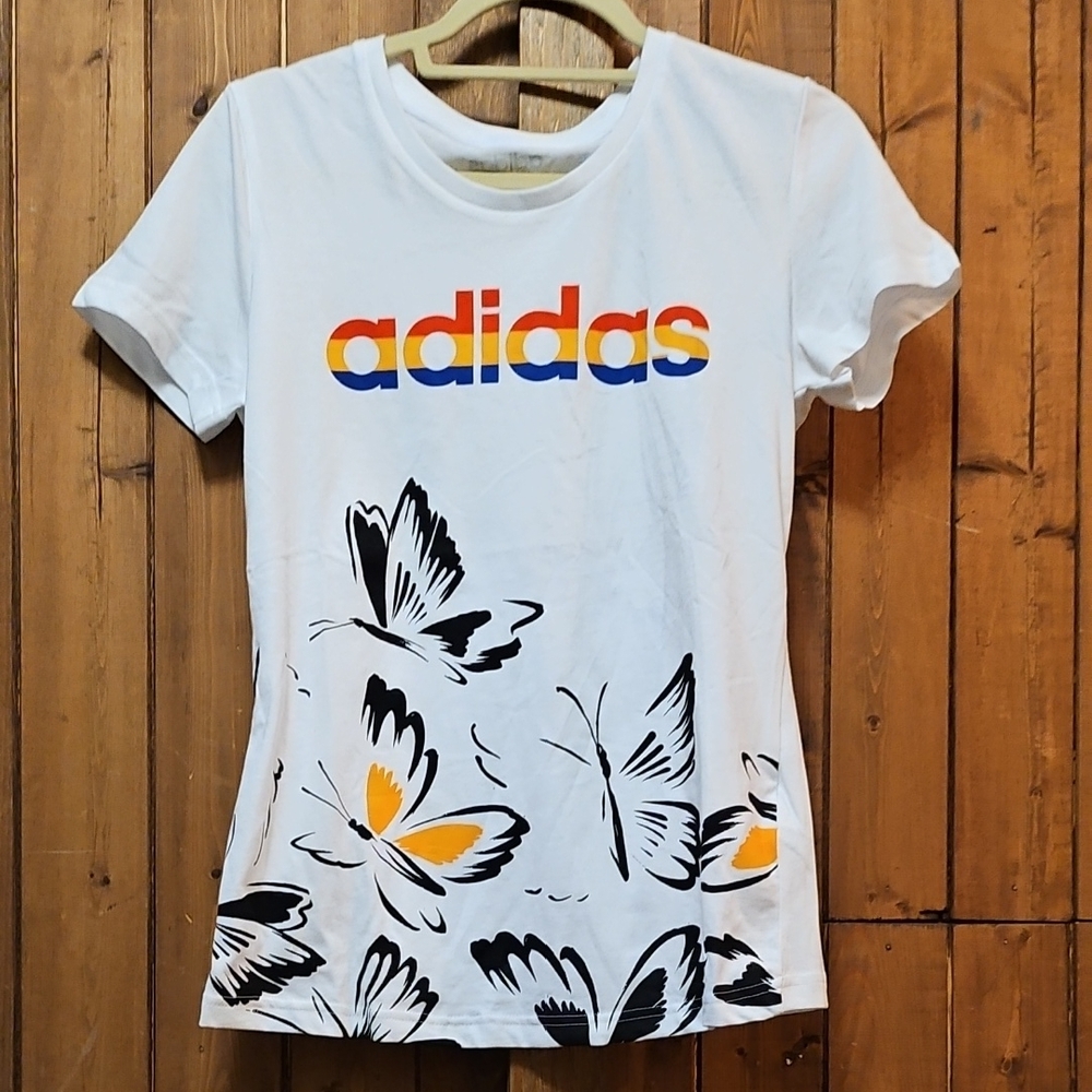 Adidas White Tee with Vibrant Butterfly Print